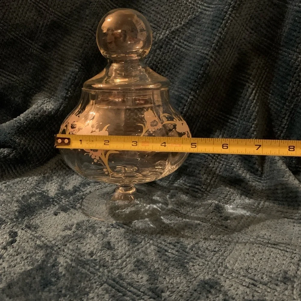 Vintage Pastel Floral Clear Glass Apothecary Pedestal Jar Round Bubble Potbelly